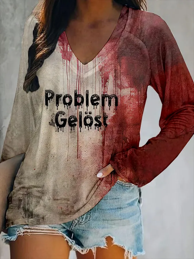 Women'S Bloody Problem Solved Halloween Print V-Neck T-Shirt