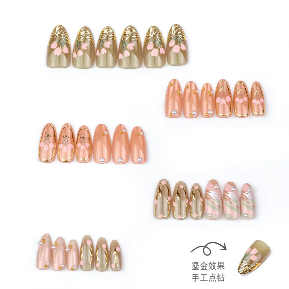 Nailhour 30Pcs Gilded Floral Medium Almond French Press On Nails