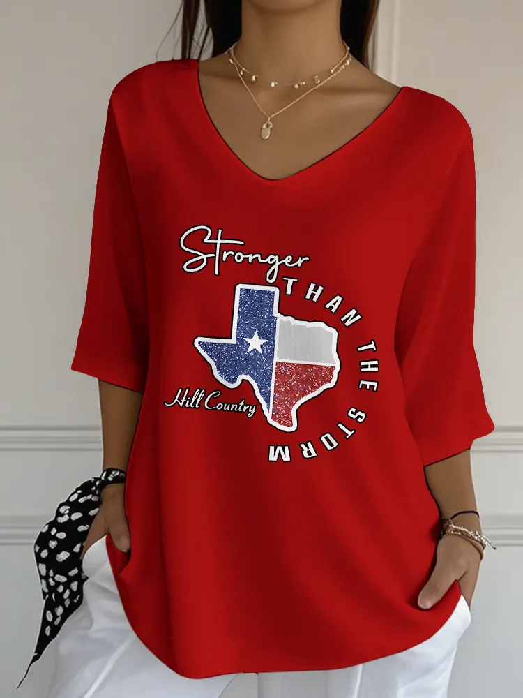 Ladies Casual Style STRONGER THAN THE STORM All-Match V-Neck Shirt