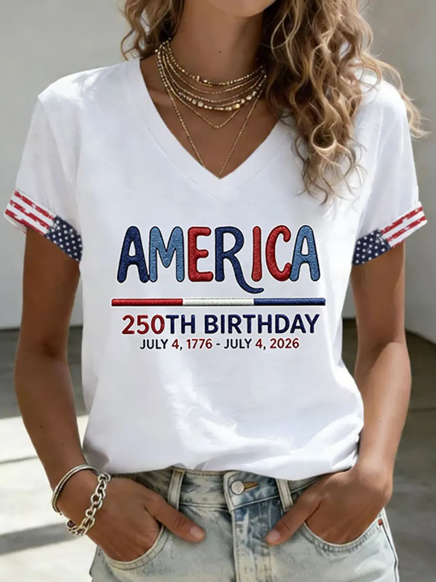250th Anniversary American Embroidery Commemorative V-neck Short sleeved T-shirt