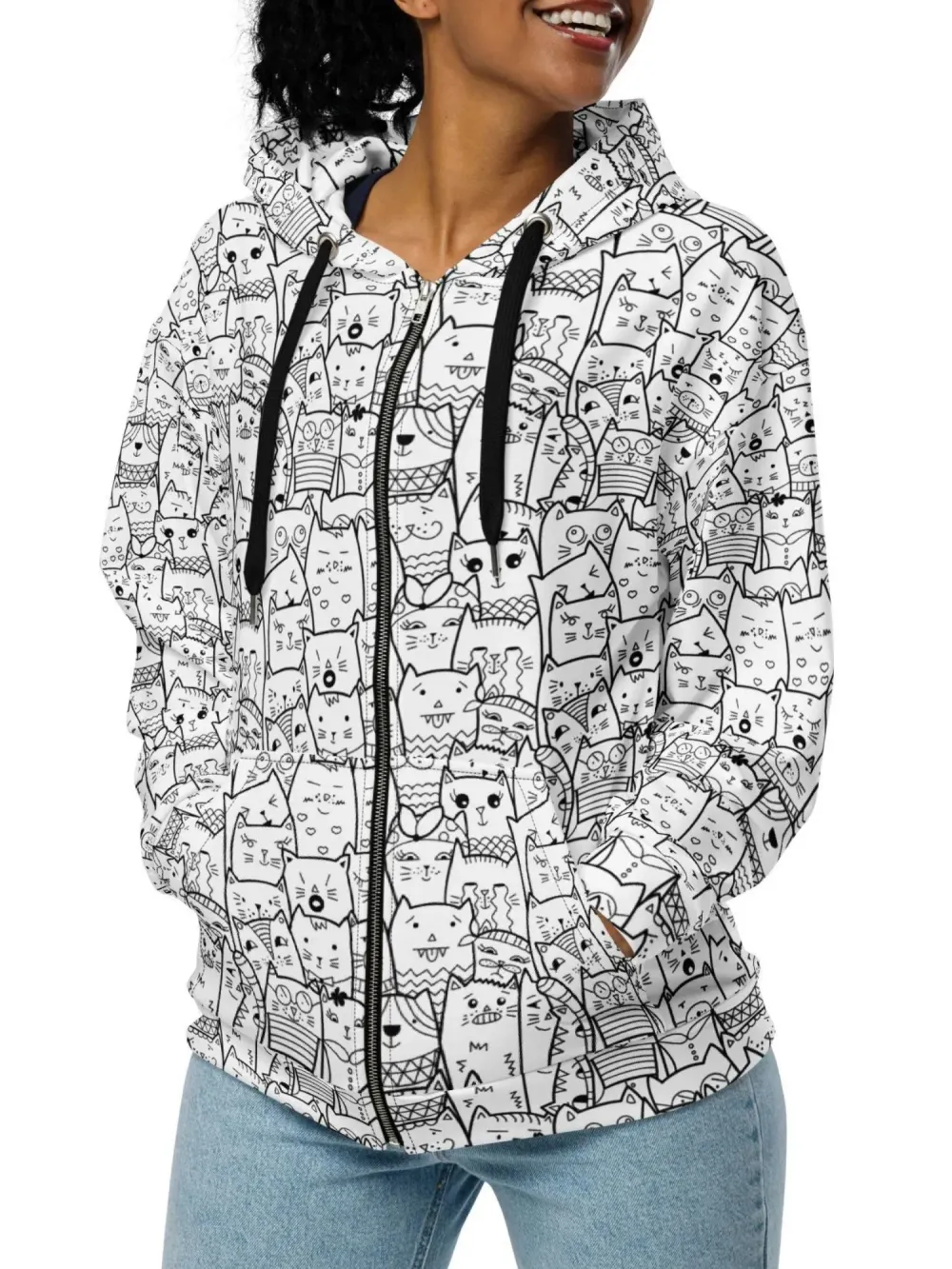 Doodle Cat Pattern Zip Up Hoodie