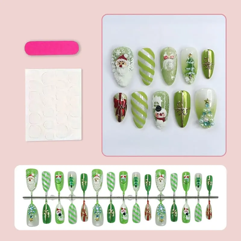 Nailhour 30Pcs Christmas Green Medium Almond French Press On Nails