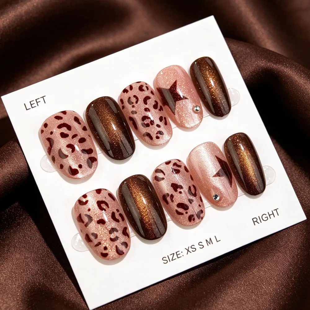 Nailhour 30Pcs French Brown Cat Eye Short Oval Press On Nails