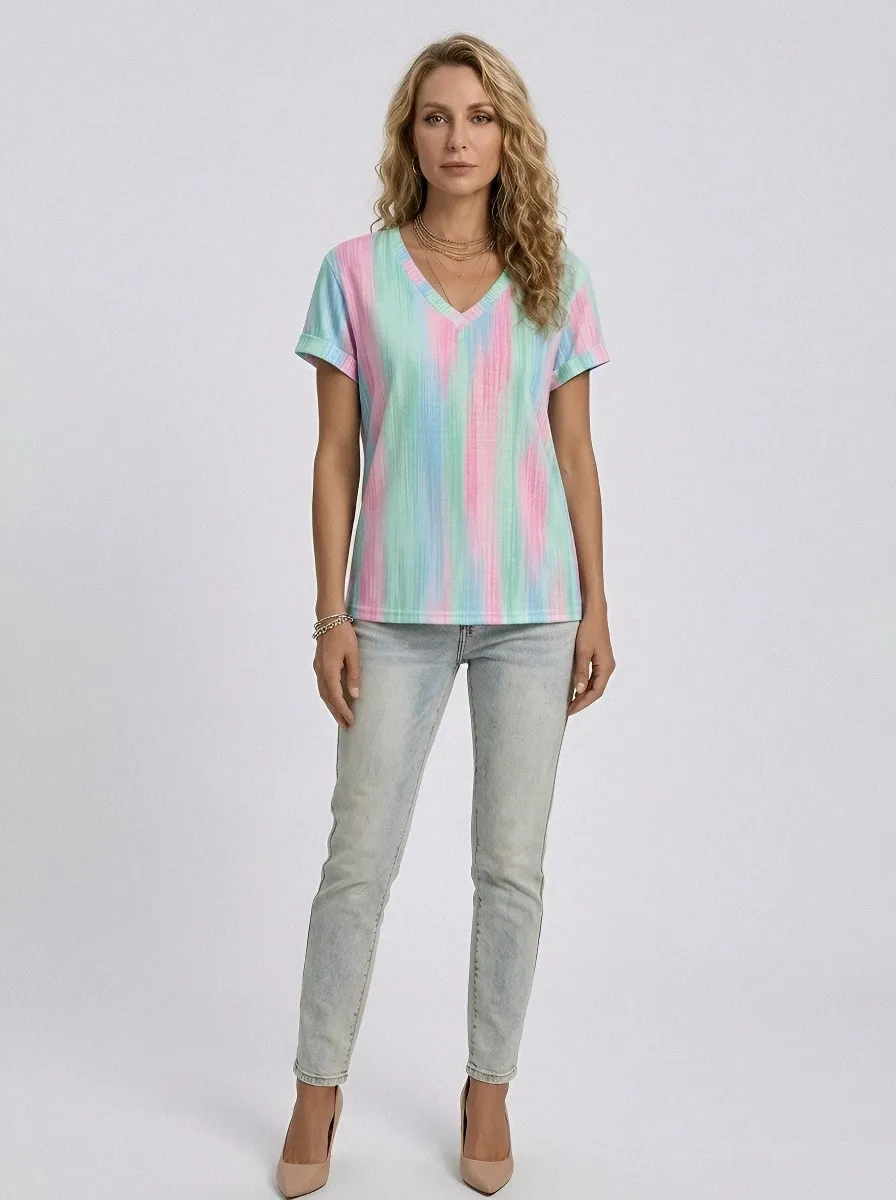 Women's Breast Cancer Awareness Pink Stripe Printed V-neck T-shirt