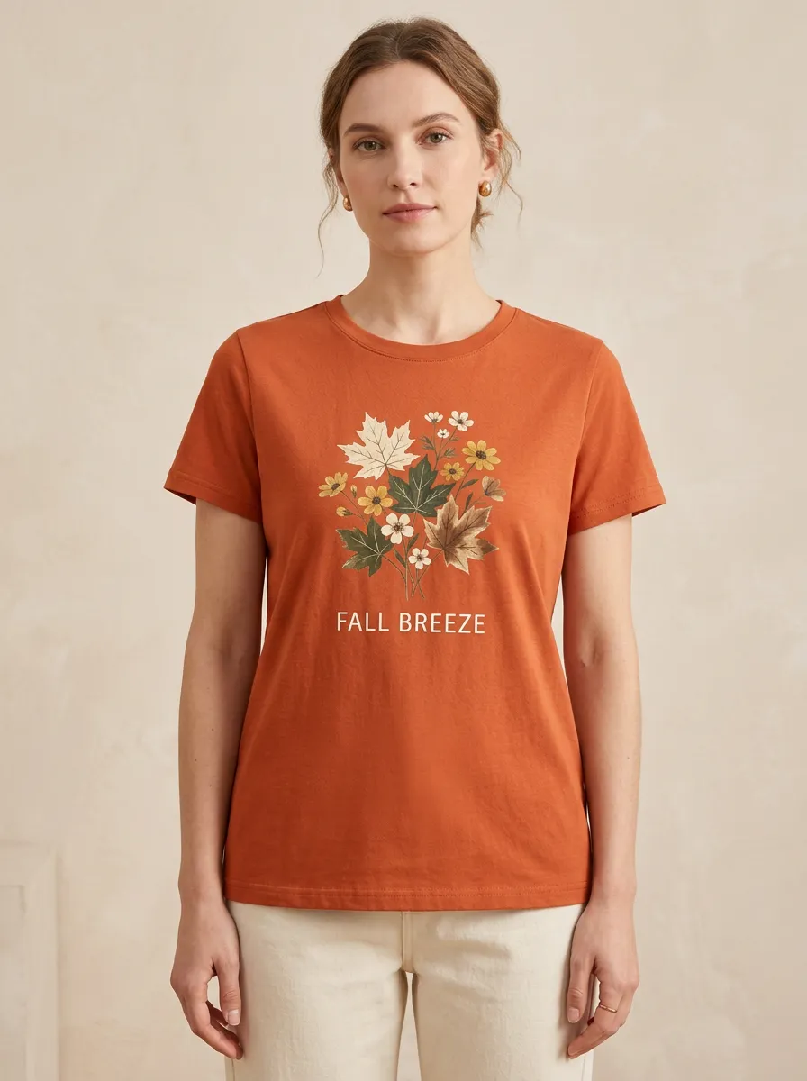 Maple Leaf Floral Printed Women's Graphic T-Shirt
