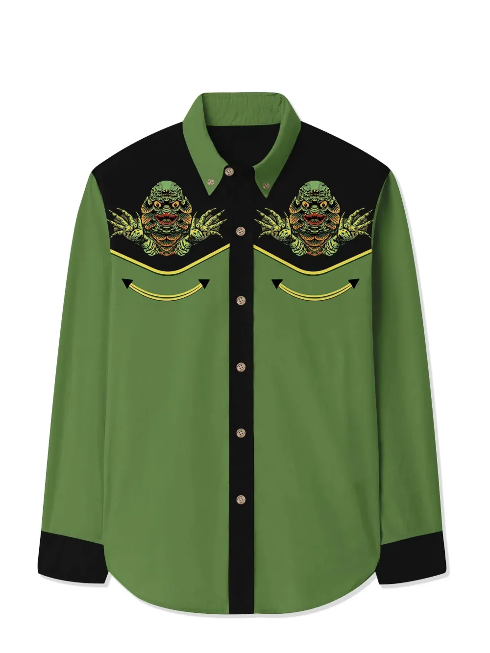 Last Lagoon Monster Printed Hawaiian Shirt For Men Button-Down Shirt Long Sleeve 100% Cotton Shirt
