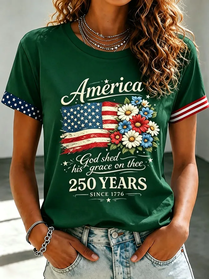 Women's Floral American Flag Printed Casual T-shirt