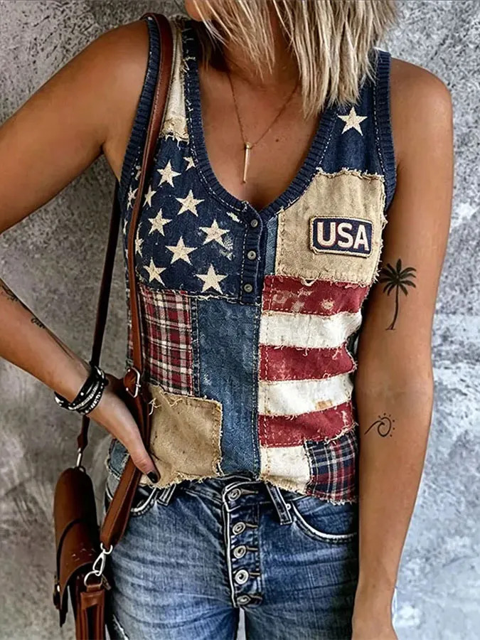Women's American Flag Printed Sleeveless Tank Top