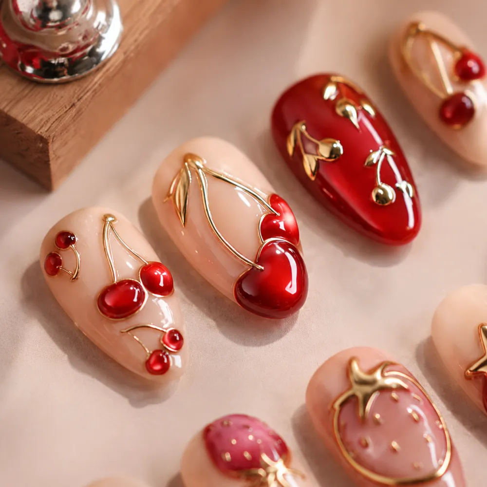 Nailhour 30pcs Nude Date 3D Strawberry Cherry Press On Nails