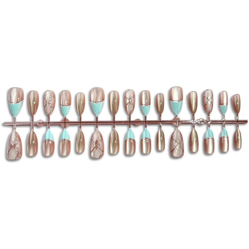 Nailhour 30Pcs Blue Cat Eye Gilded Medium Almond Cute Press On Nails