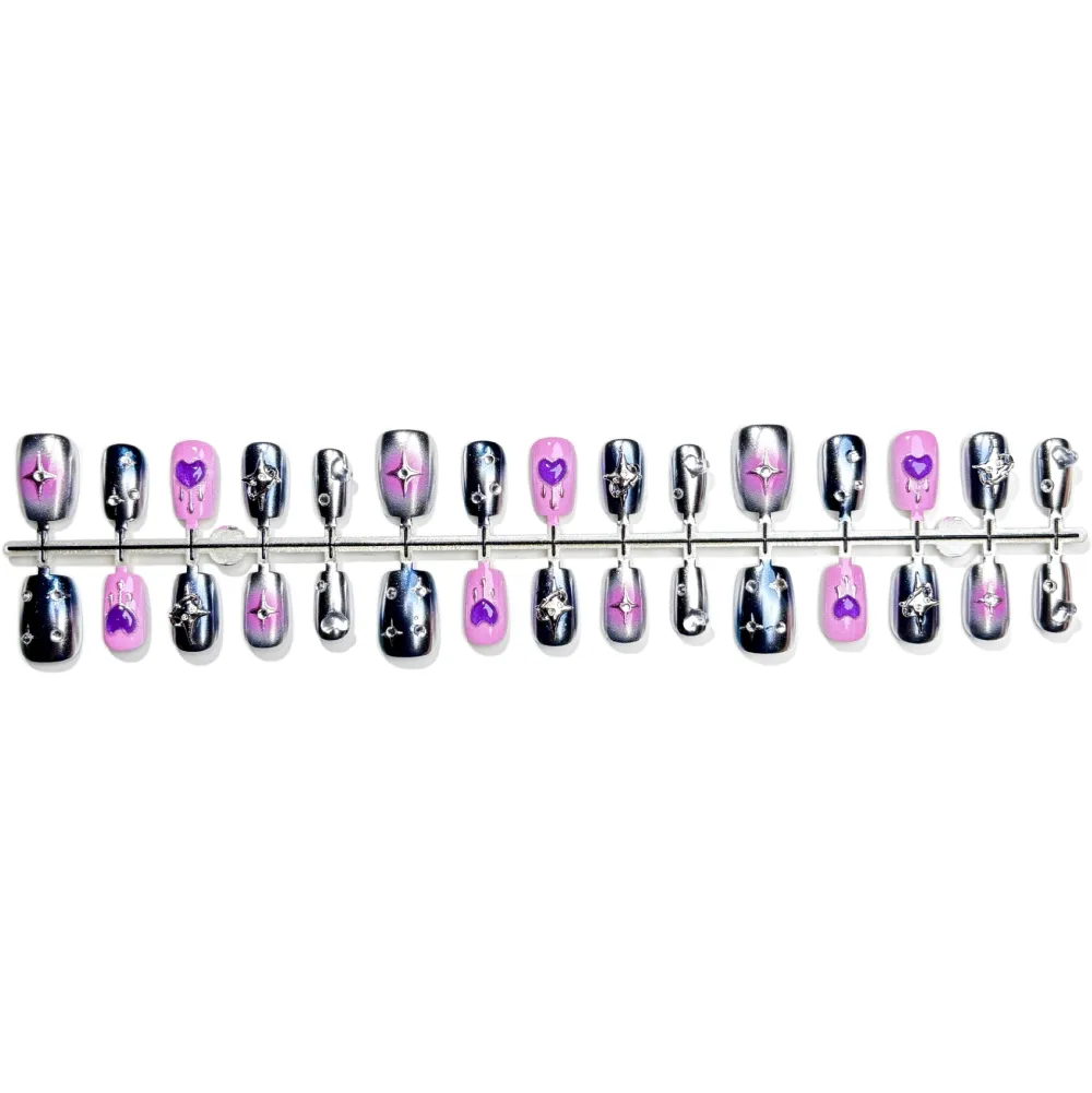 Nailhour 30Pcs Chrome Square Grey 3D Gilded Pink Heart Press On Nails