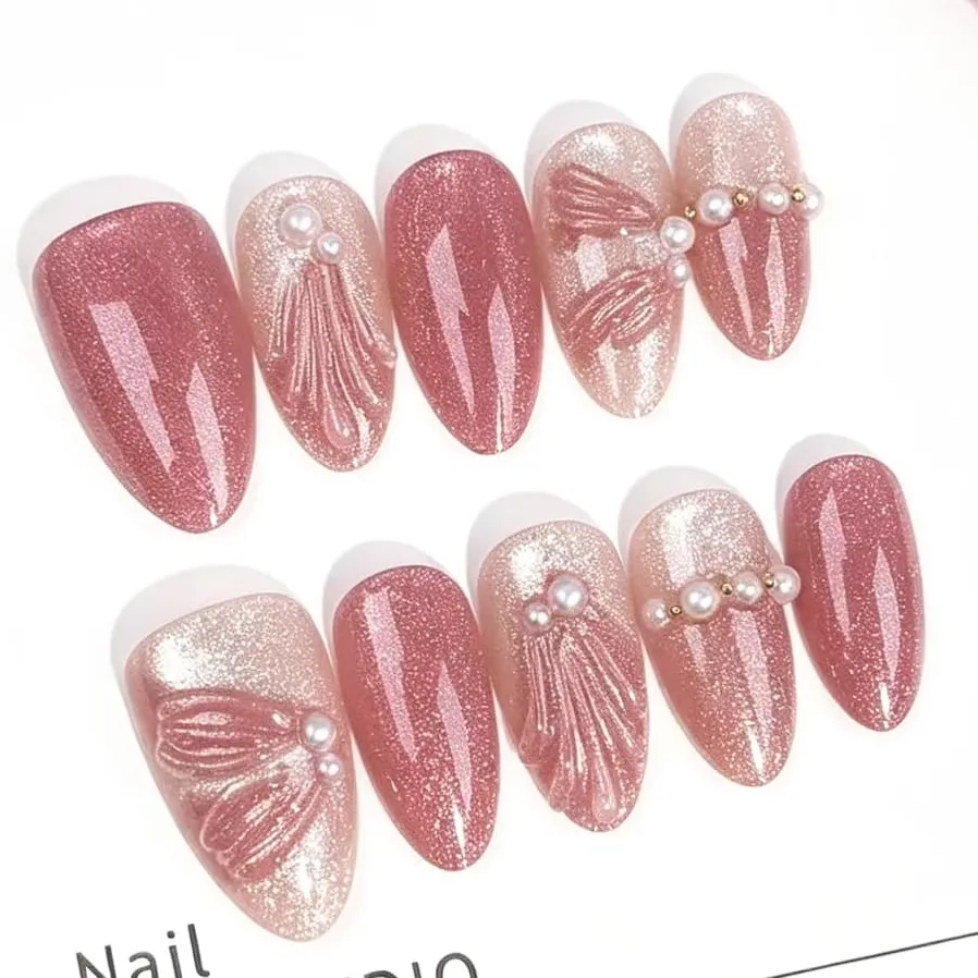 Nailhour 30Pcs 3D Pink Cat Eye Rhinestone Medium Almond Press On Nails