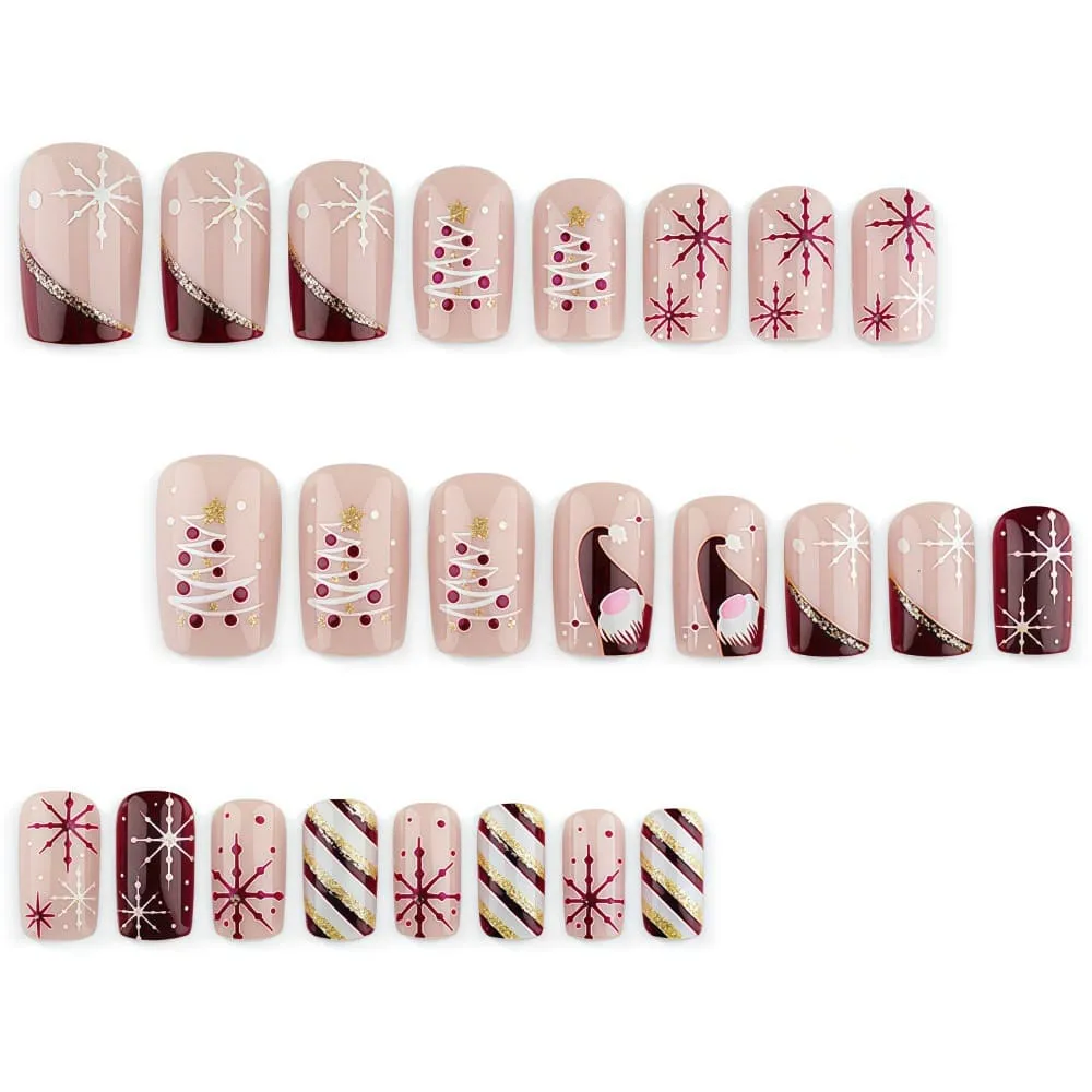 Nailhour 24Pcs Christmas Pink Medium Square French Press On Nails