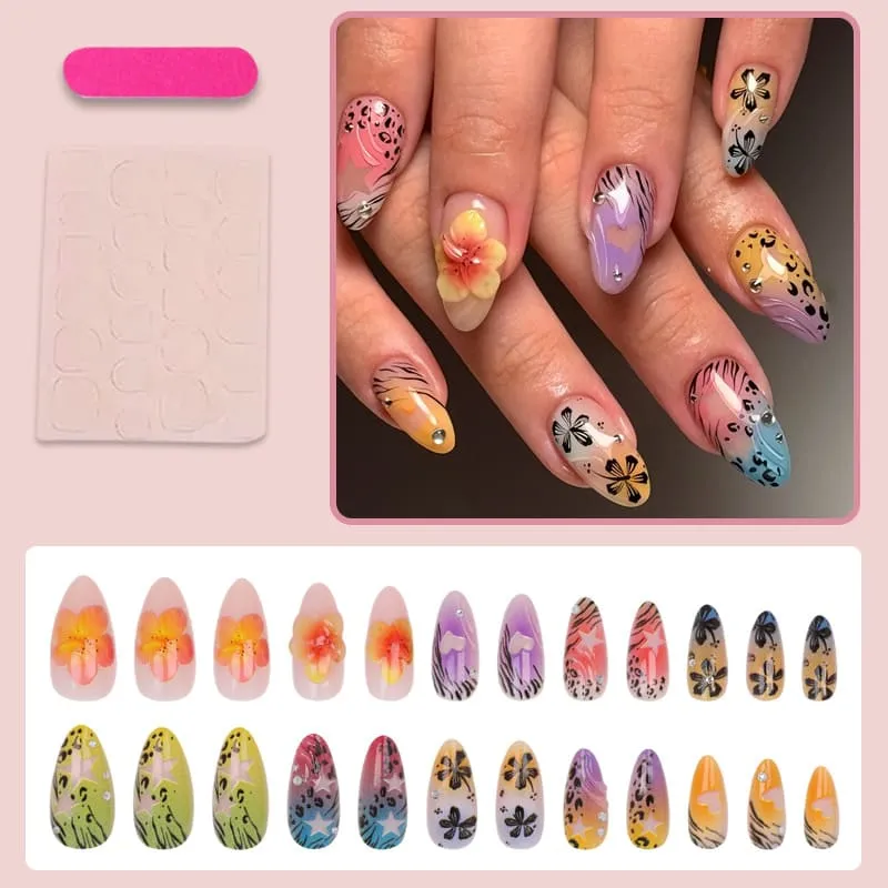 Nailhour 24Pcs Beach Floral 3D Medium Almond French Press On Nails