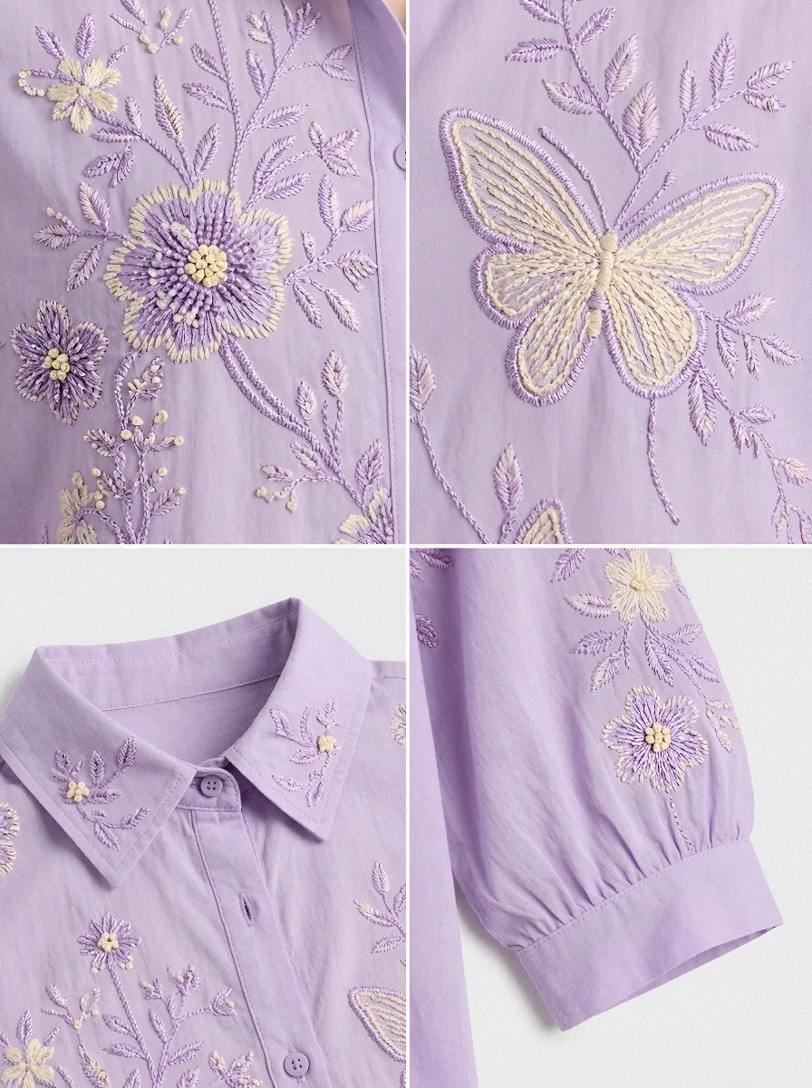 Women's Breast Cancer Awareness Butterfly Floral Beaded Printed Shirt