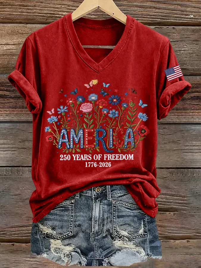 Women's 250th Anniversary Freedom Print V-Neck T-Shirt