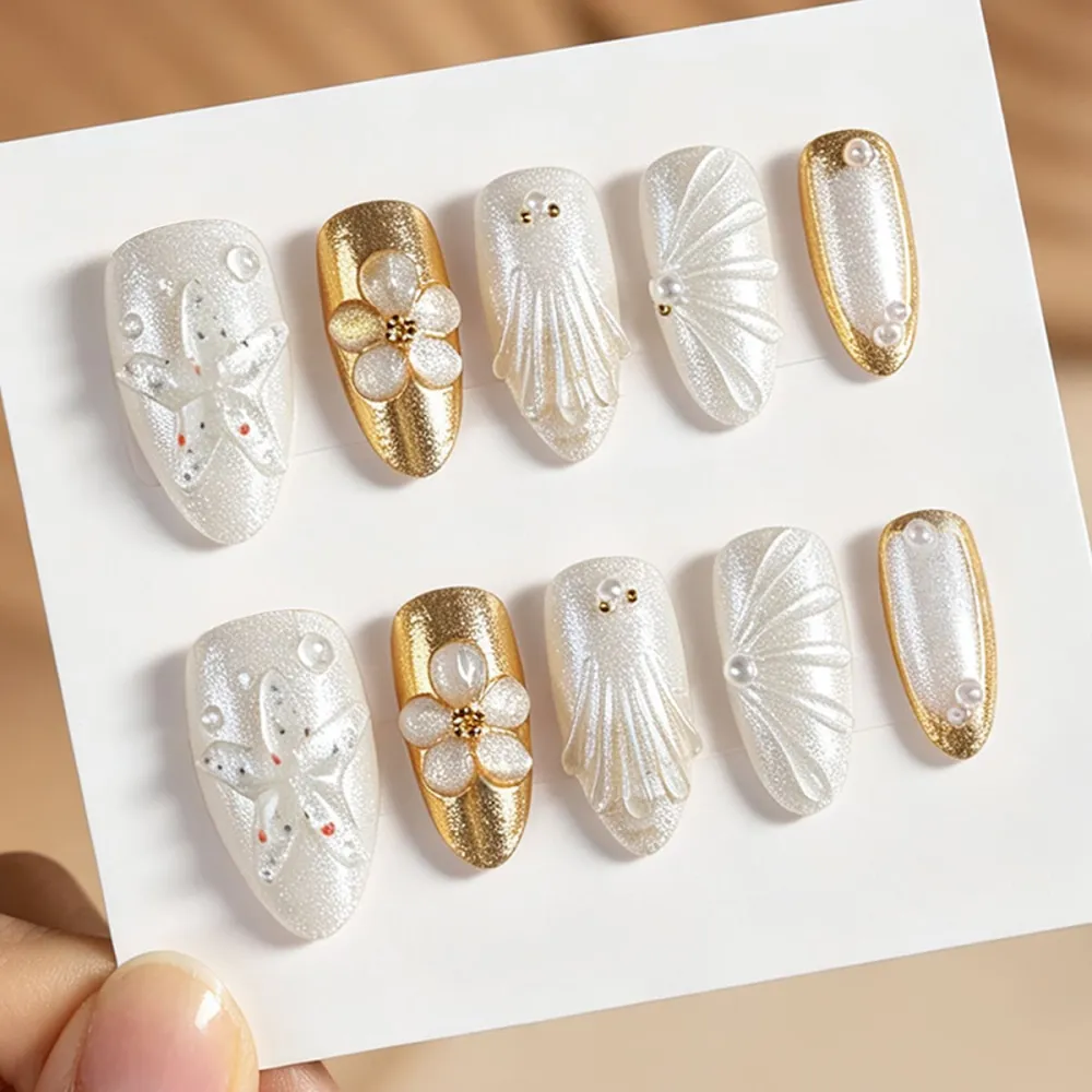 Nailhour 30Pcs French White Gilded Medium Almond Press On Nails