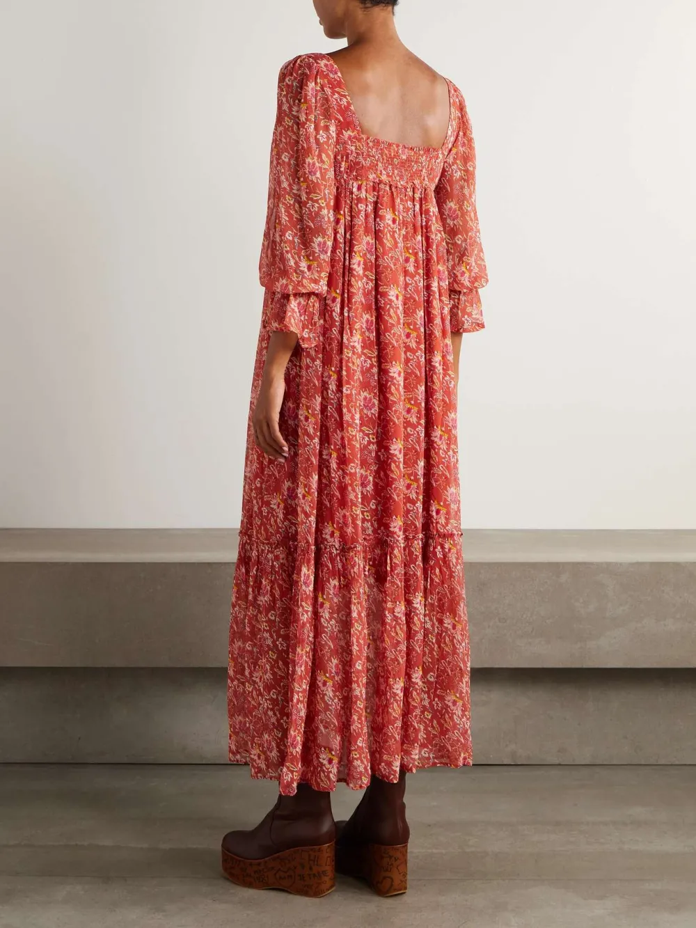 Pleated Detail Printed Midi Dress