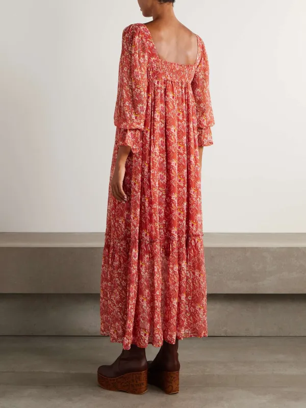 Pleated Detail Printed Midi Dress