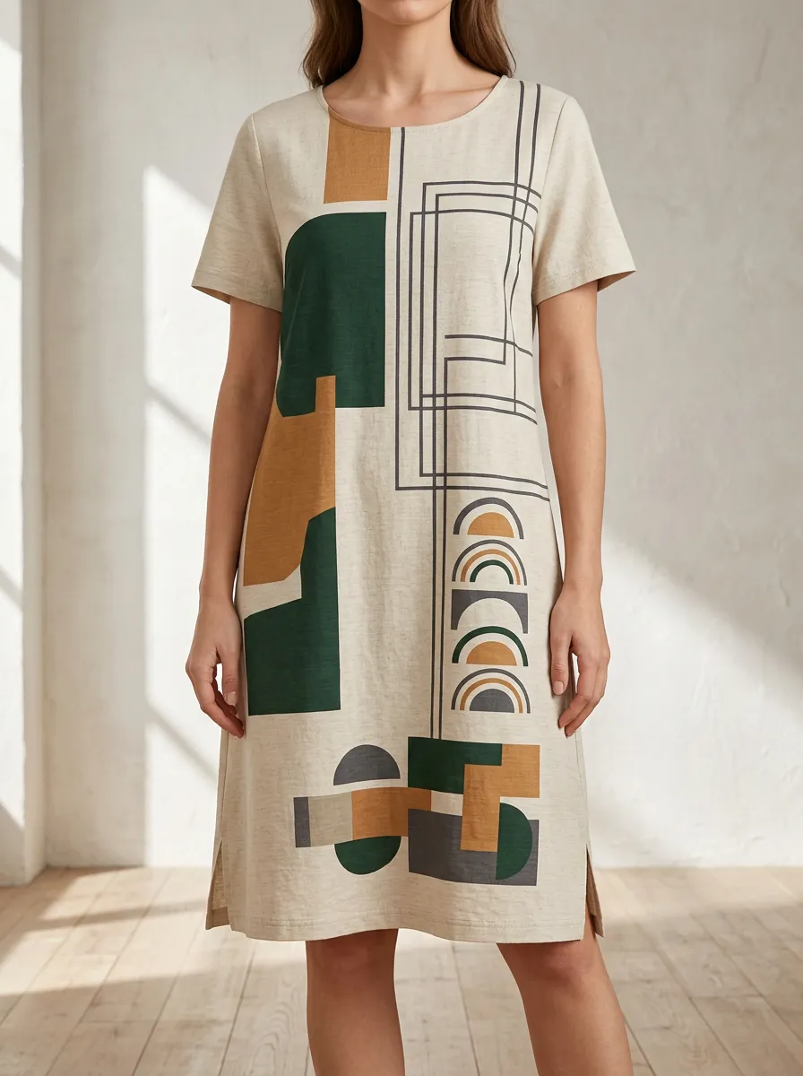 Women's Short Sleeve Side-Slit Geometric Print Shift Dress