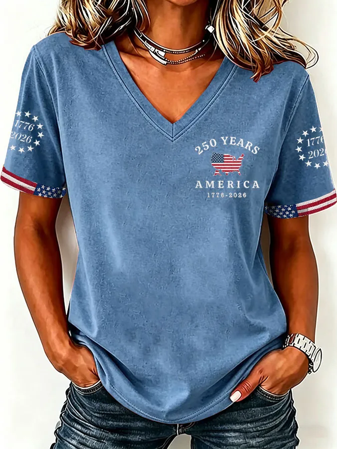 Women'S America Flag  Print Casual V-Neck T-Shirt