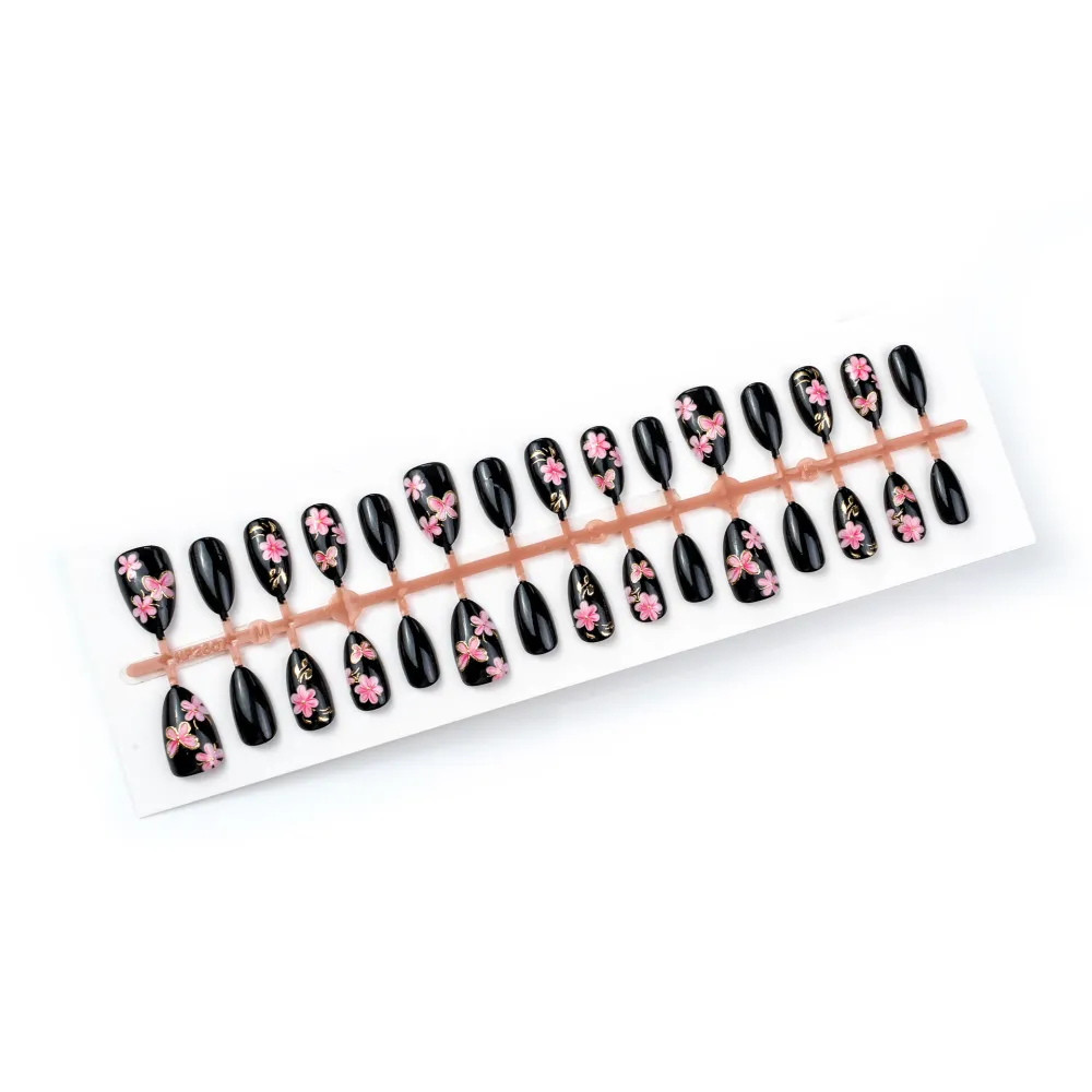 Nailhour 30Pcs Black Floral Medium Almond Press On Nails