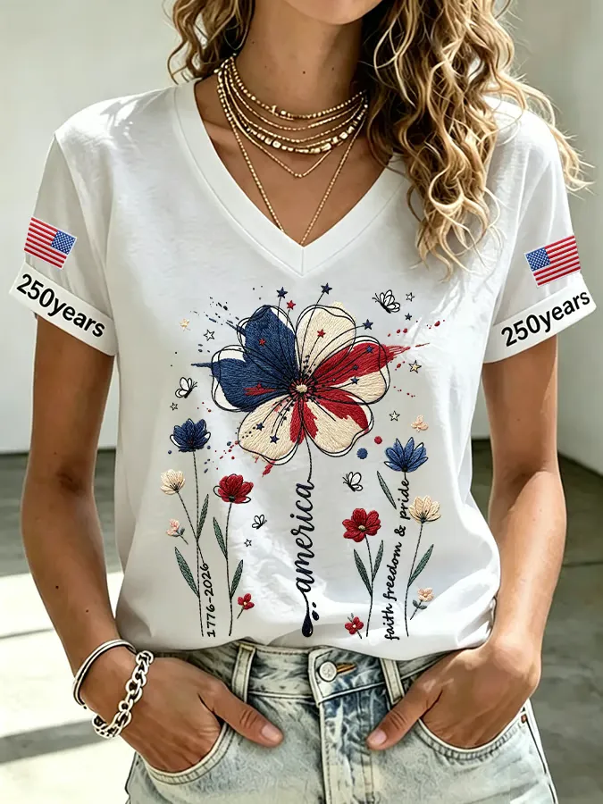 Women's USA 250th Anniversary Floral Print V Neck T-shirt