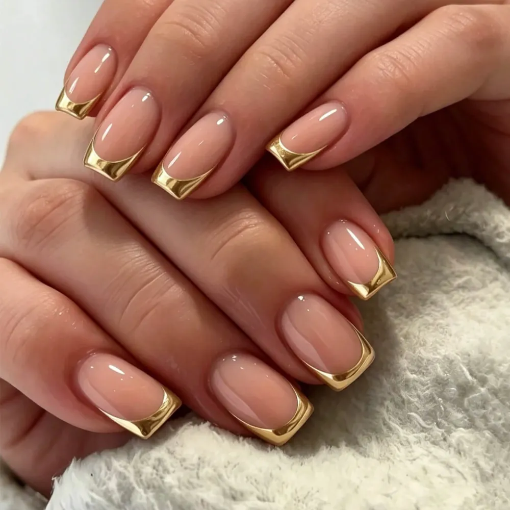 Nailhour 24Pcs French Gilded Short Square Press On Nails