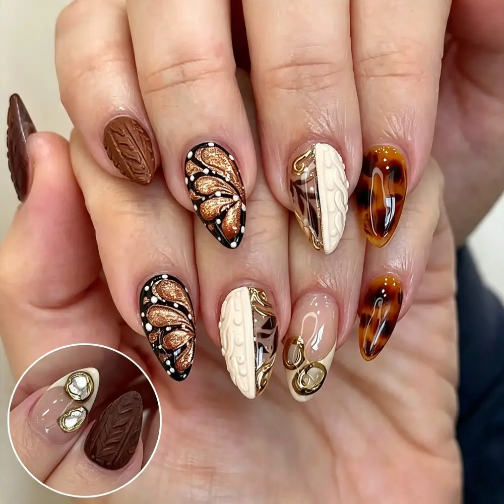 Nailhour 30Pcs Autumn 3D Gilded  Medium Almond Press On Nails