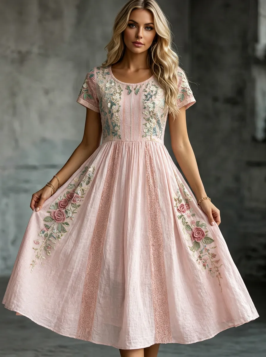 Women's Breast Cancer Awareness Pink Rose Floral Embroidered Printed Dress