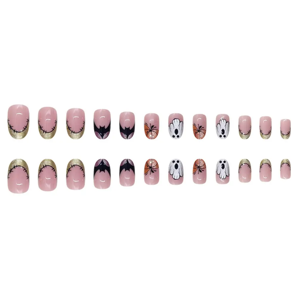 Nailhour 24Pcs Halloween Short Oval French Glitter Ghost  Press On Nails