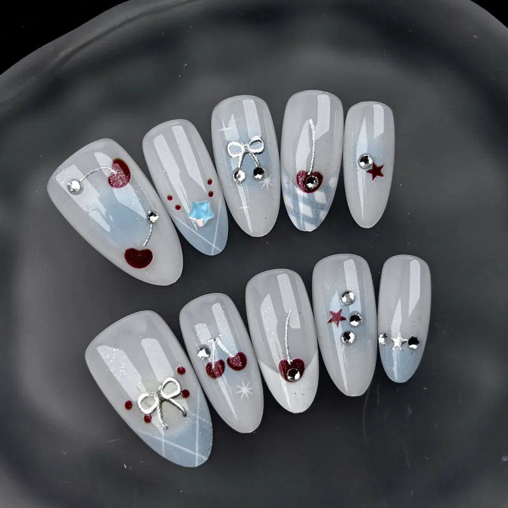 Nailhour 30Pcs Blue Cherry 3D Medium Almond French Press On Nails
