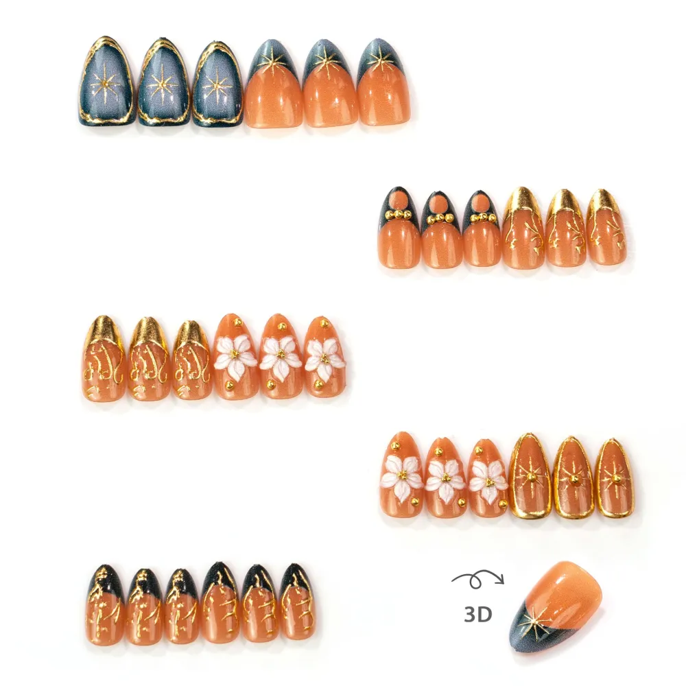 Nailhour 30Pcs Floral 3D Medium Almond Gilded French Press On Nails