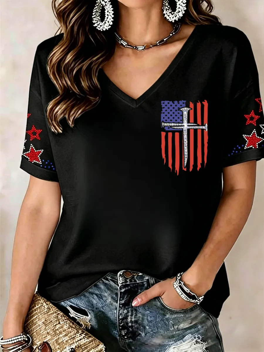 Women's America's 250th Anniversary Stand For The Flag Kneel For The Cross Faith Christian Cross Print T-Shirt
