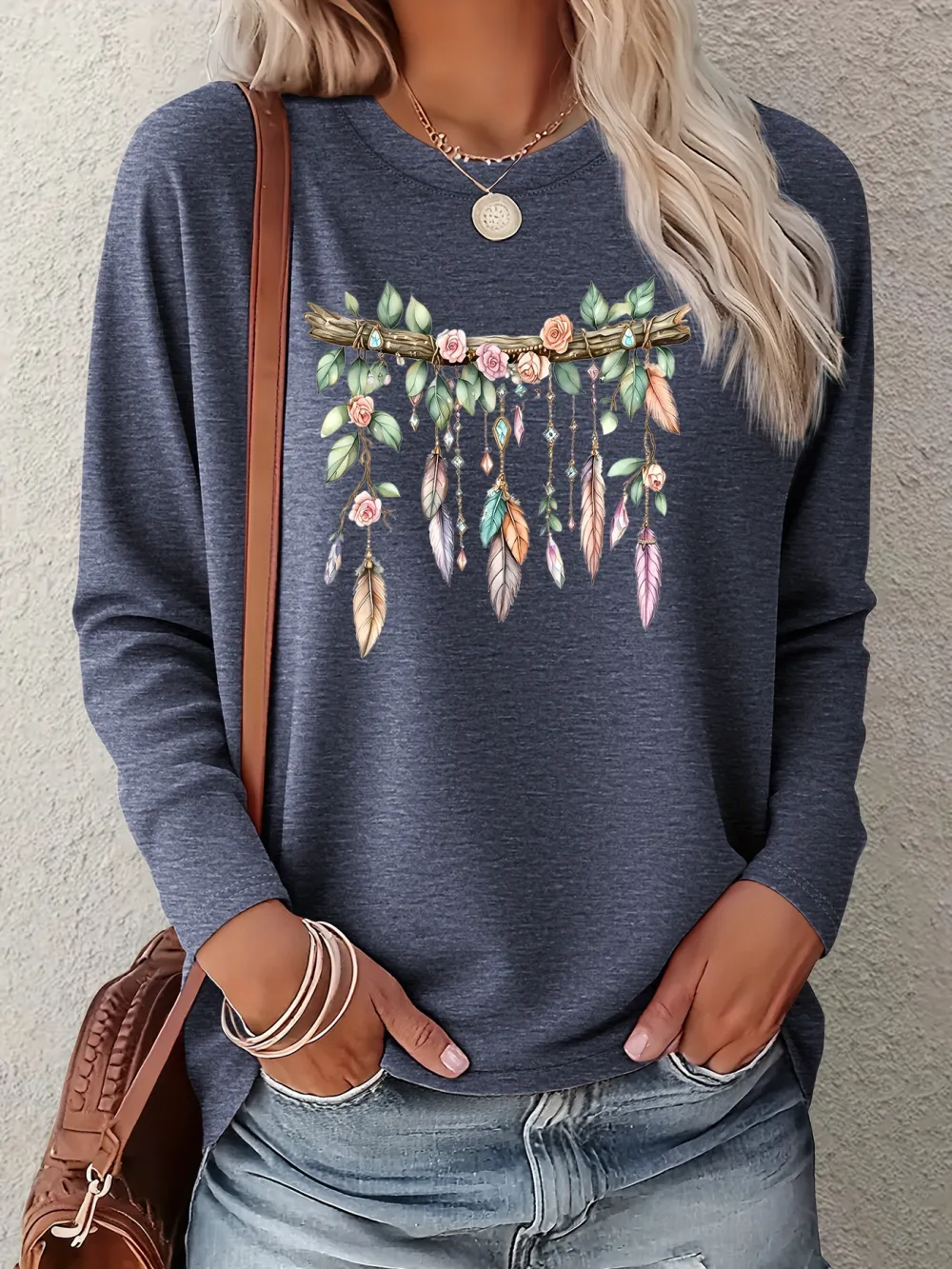 Elegant Long-Sleeve Floral Branch Print Long Sleeve T-shirt