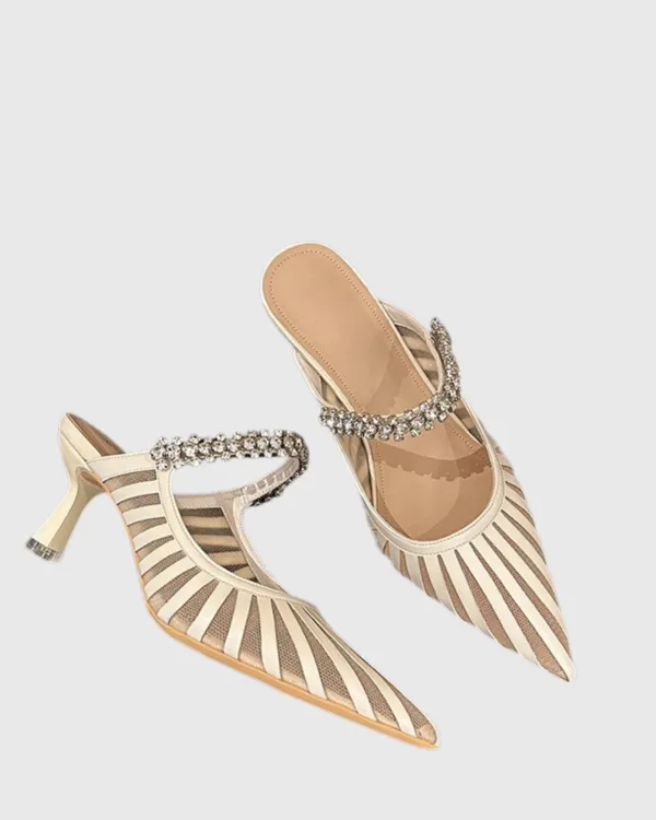 Stripe Diamente Strap Mules in Nude