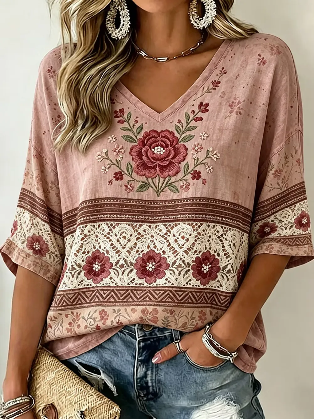 Women'S Retro Floral Art Embroidery Cotton Linen Casual V-Neck Top
