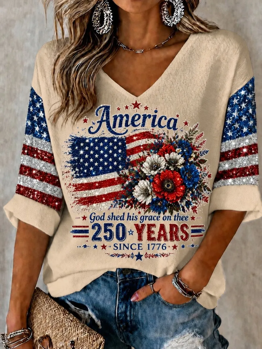 Women'S Retro Independence Day Art Printed Casual T-Shirt
