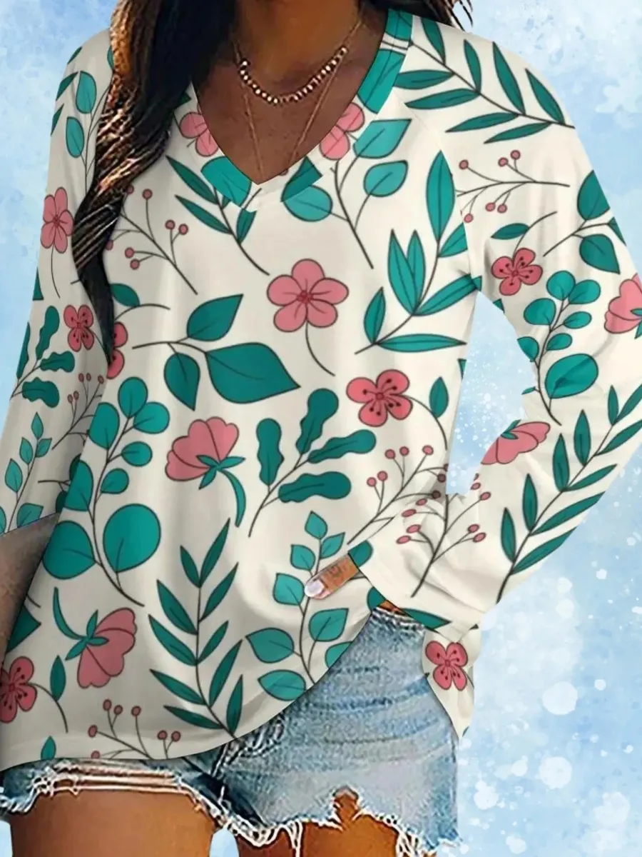 Flower and Leaf Print T-Shirt