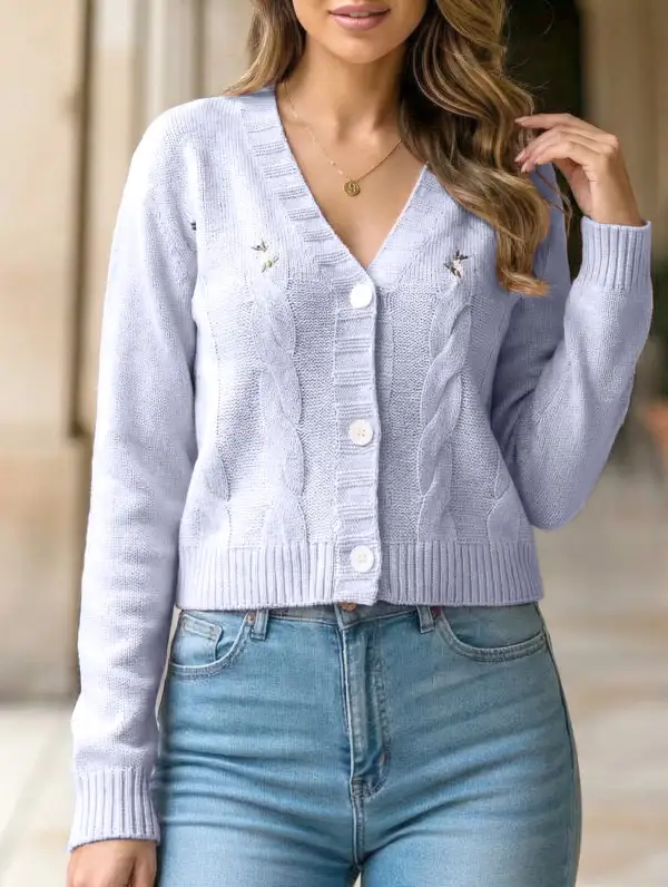 Floral Embroidery Cable Knit Loose Cardigan