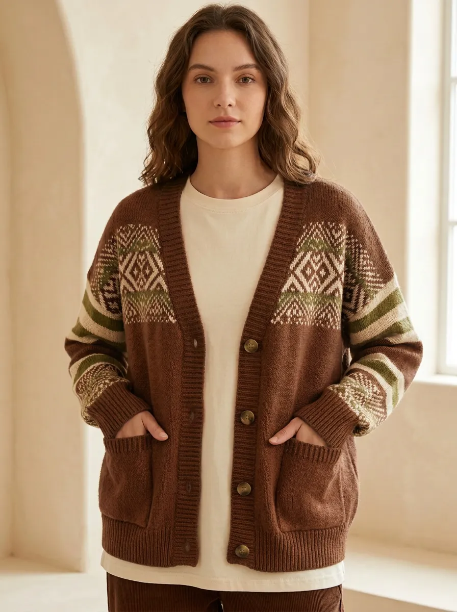 Geometric Fair Isle Pattern Patterned Women's Knit Cardigan