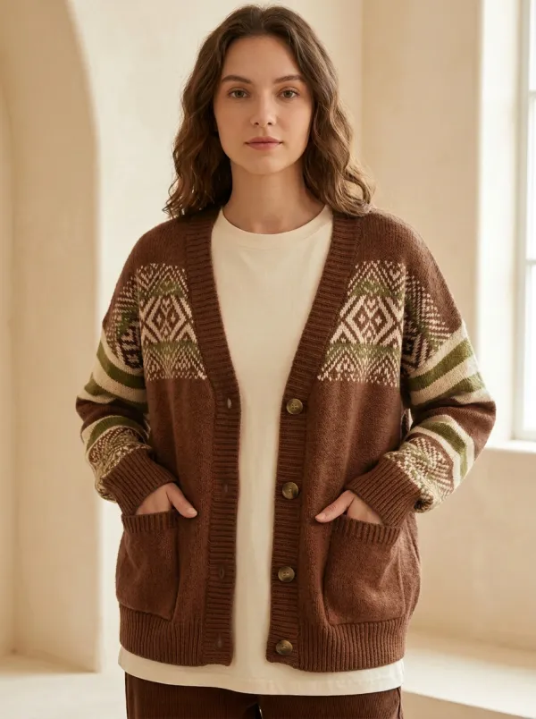 Geometric Fair Isle Pattern Patterned Women's Knit Cardigan