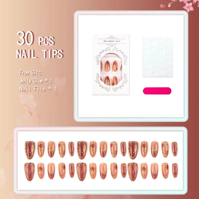 Nailhour 30Pcs Cat Eye Gilded Medium Almond French Press On Nails