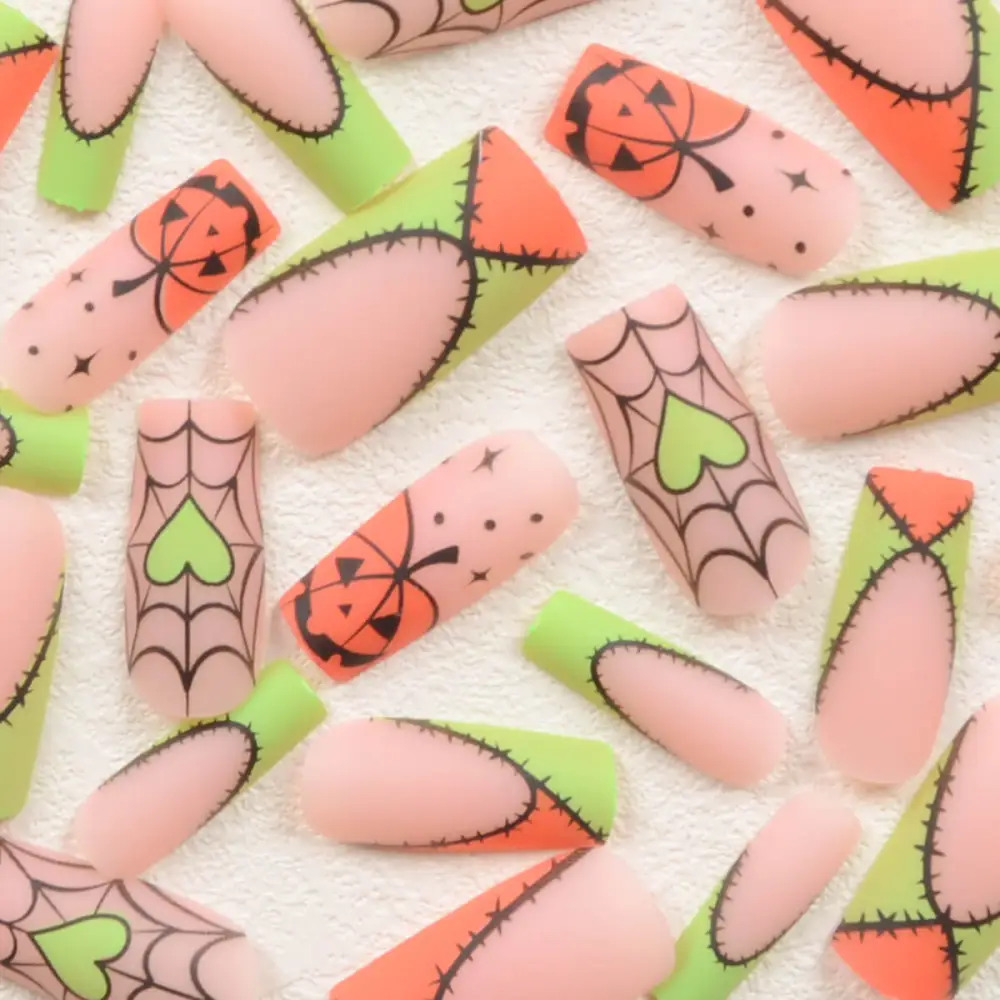 Nailhour 24Pcs Halloween Long Square Stitch Party French Press On Nails