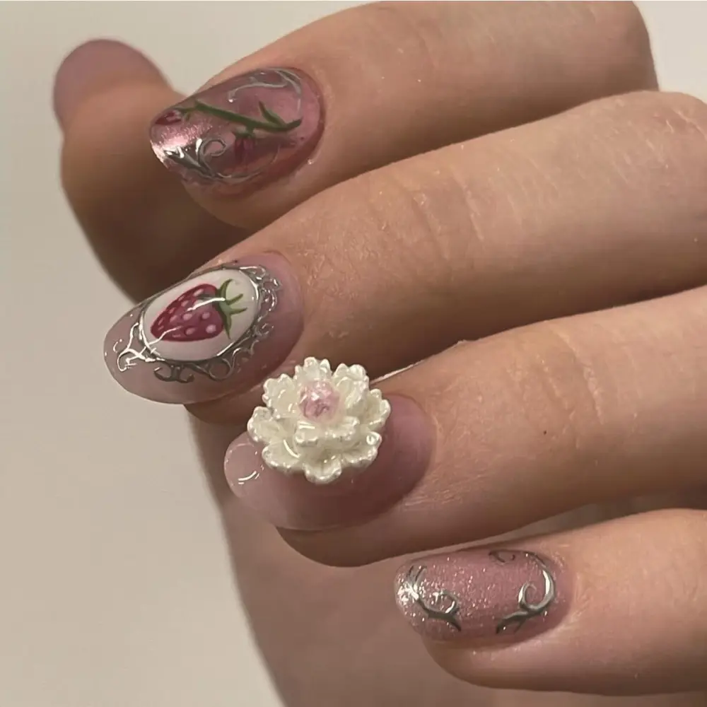 Nailhour 24Pcs 3D Chrome Floral Short Oval Sheer Press On Nails