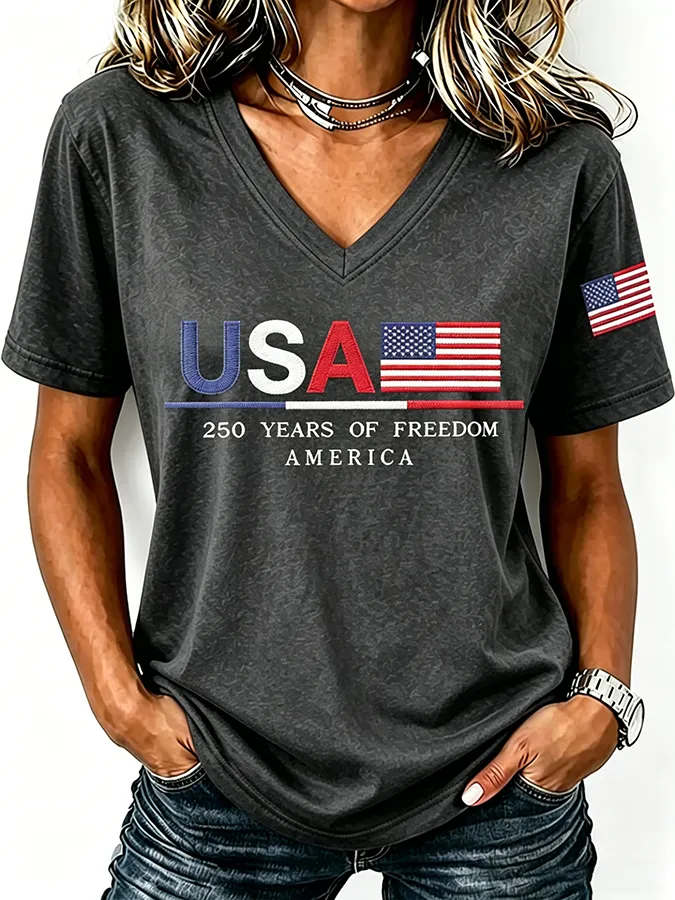 250Th Anniversary American Embroidery Commemorative V-Neck Short Sleeved T-Shirt