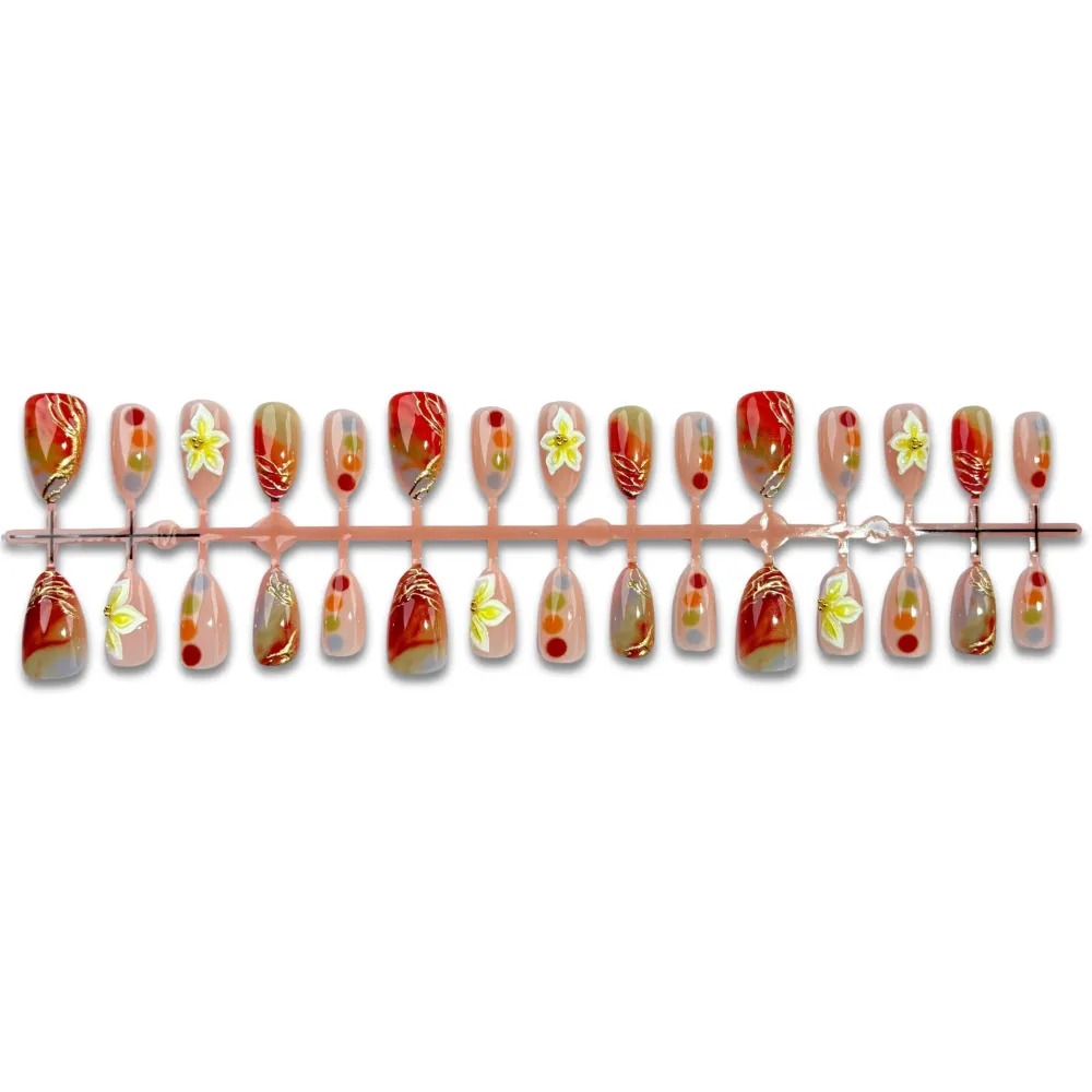 Nailhour 30Pcs 3D Gilded Floral Medium Almond Press On Nails
