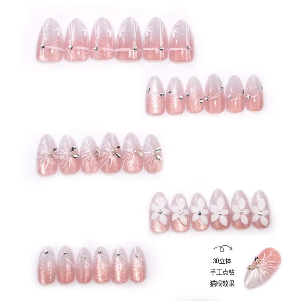 Nailhour 30Pcs White Gilded Medium Almond Press On Nails