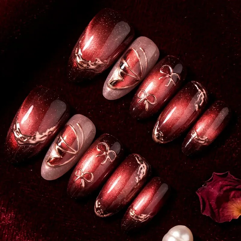 Nailhour 30Pcs Red 3D Medium Almond Vintage French Press On Nails