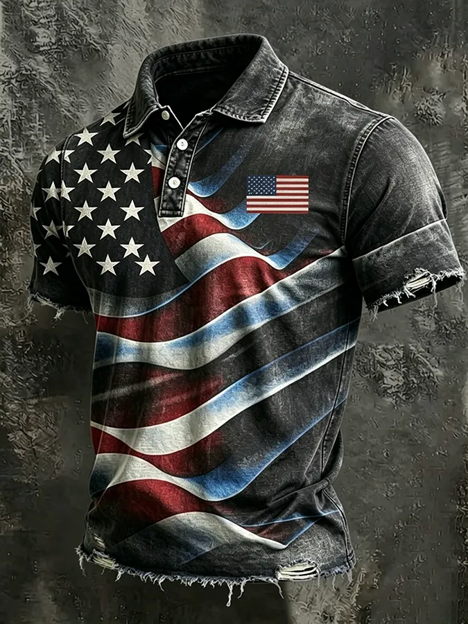 Men'S American Flag Print Casual Polo Shirt
